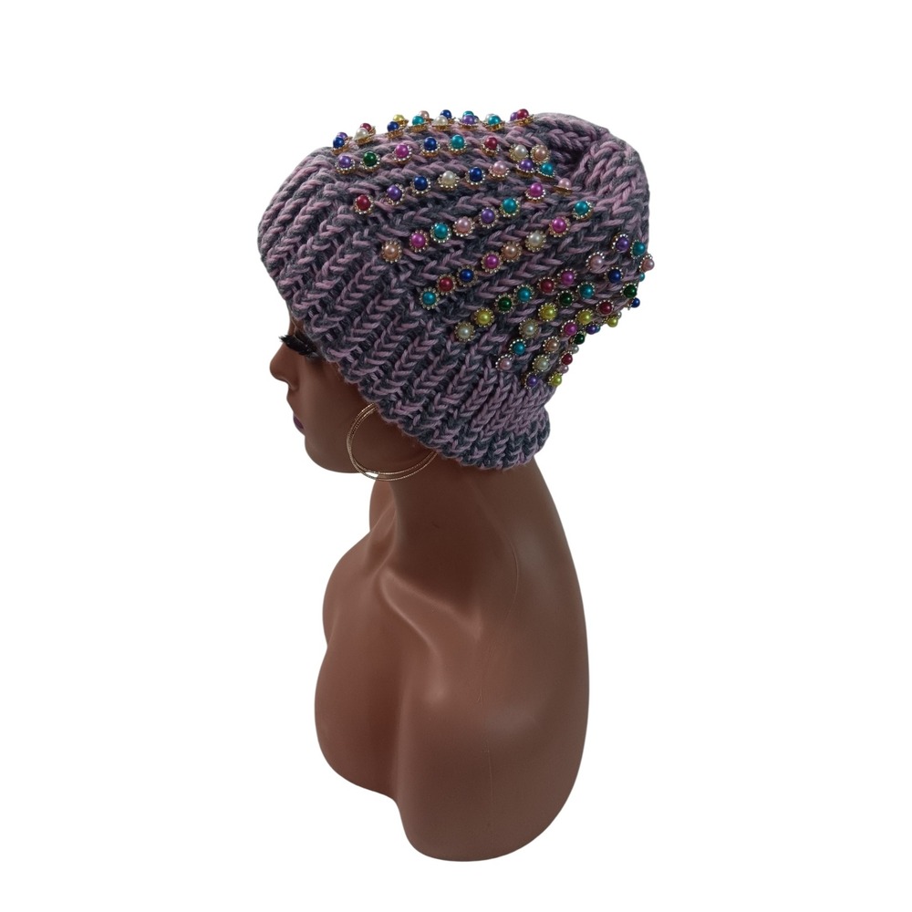 Lavender Ribbed Knit Beanie Multi Color Faux‎ Pearl Floral Beaded Winter Hat